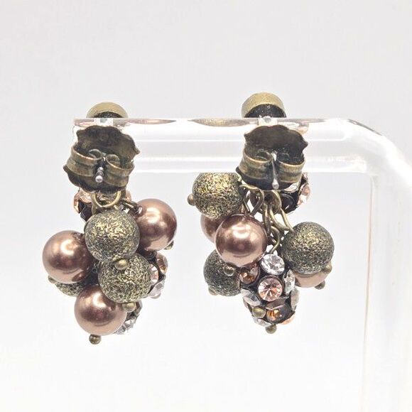 Vintage-Inspired Cluster Earrings Faux Pearl Rhinestone Gold Tone Post‎ Dangle - Picture 3 of 4
